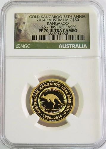 2014 P GOLD AUSTRALIA 1062 Minted $50 KANGAROO 1/2oz NGC PF 70 UC FIRST RELEASES