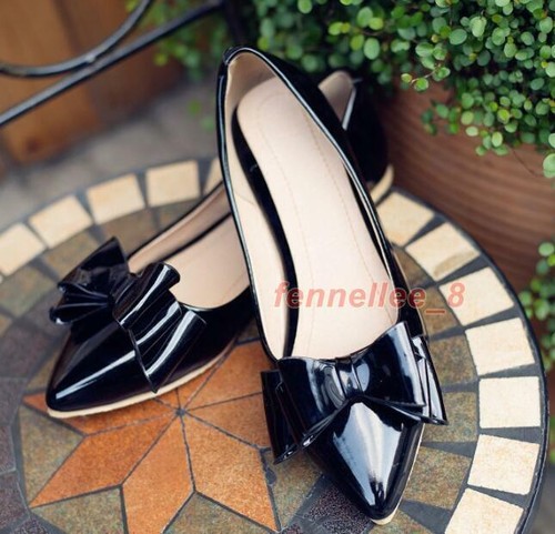 Women Patent Leather Comfort Flat Loafer Shoes Red Bow Fashion Lazy Shoes - Picture 4 of 27