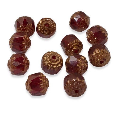 12 Faceted 8mm Crown Cathedral Beads - Garnet Red + Bronze Ends - Czech Glass - Picture 2 of 5