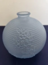 Ribbed Blue Satin Glass Bud Vase With Raised Flower Motif