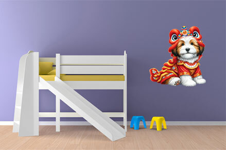 Colourful Lion Dance Dog Puppy Wall Art Bedroom Window Decor Vinyl Sticker Decal - Picture 3 of 7
