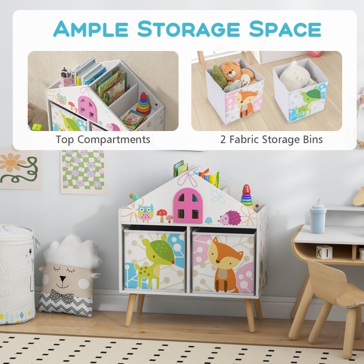Kids House-shaped Bookshelf Storage Cabinet Organizer w/2 OPen Storage Shelves