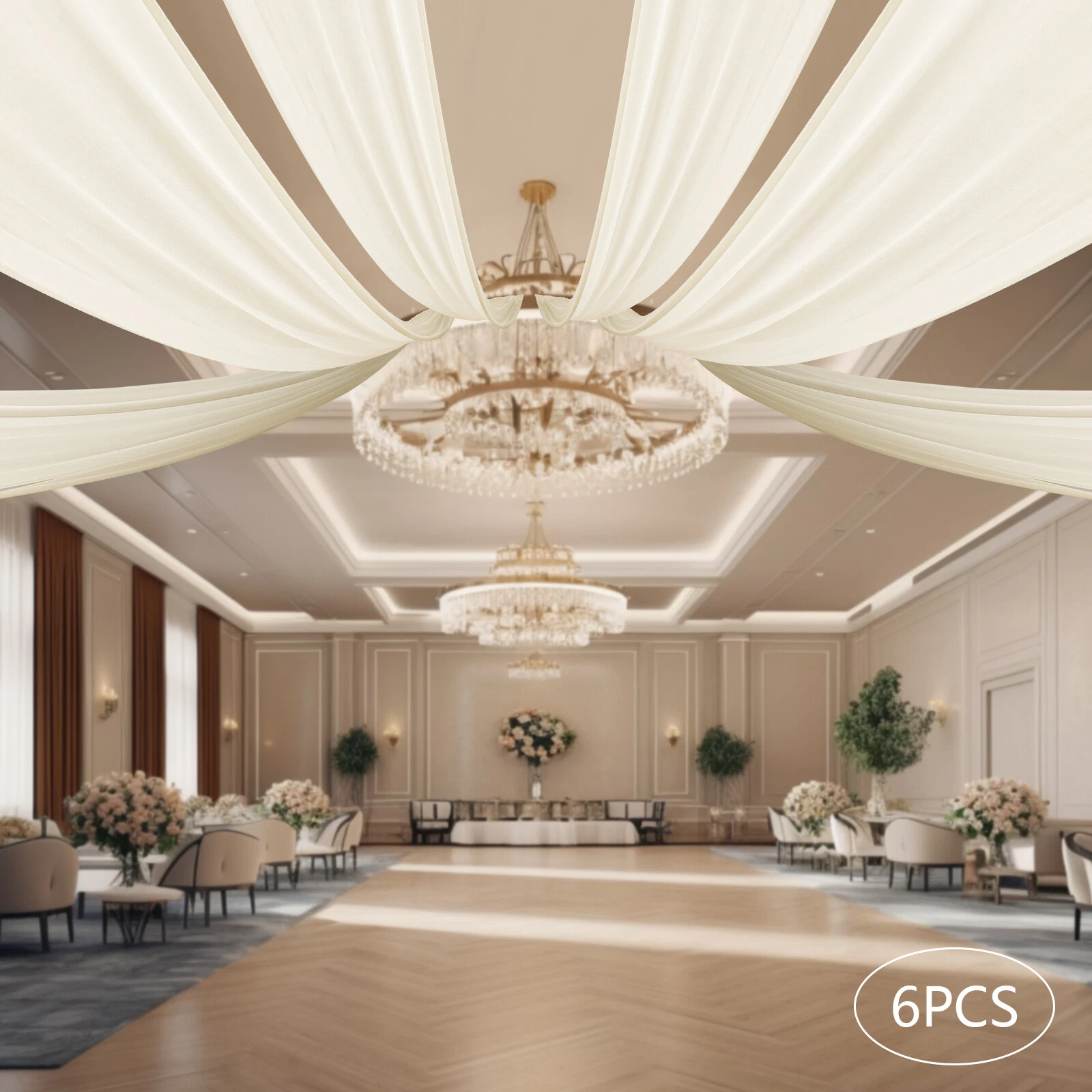 6PCS Beige Weddings Ceiling Drapes 30x5FT Chiffon Lightweight Backdrop Curtains