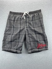 Tommy Hilfiger Men's Black Gray Plaid Swimwear Drawstring Logo Board Shorts Sz M