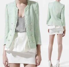 Zara Woman Mint Green Tweed Blazer Jacket M 12 10 Boucle Fringe Fantasy