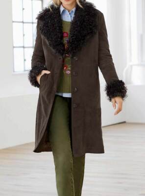 TCJH Damen Ziegenvelour Leder Mantel mit Lammfell Blouson Blazer  braun