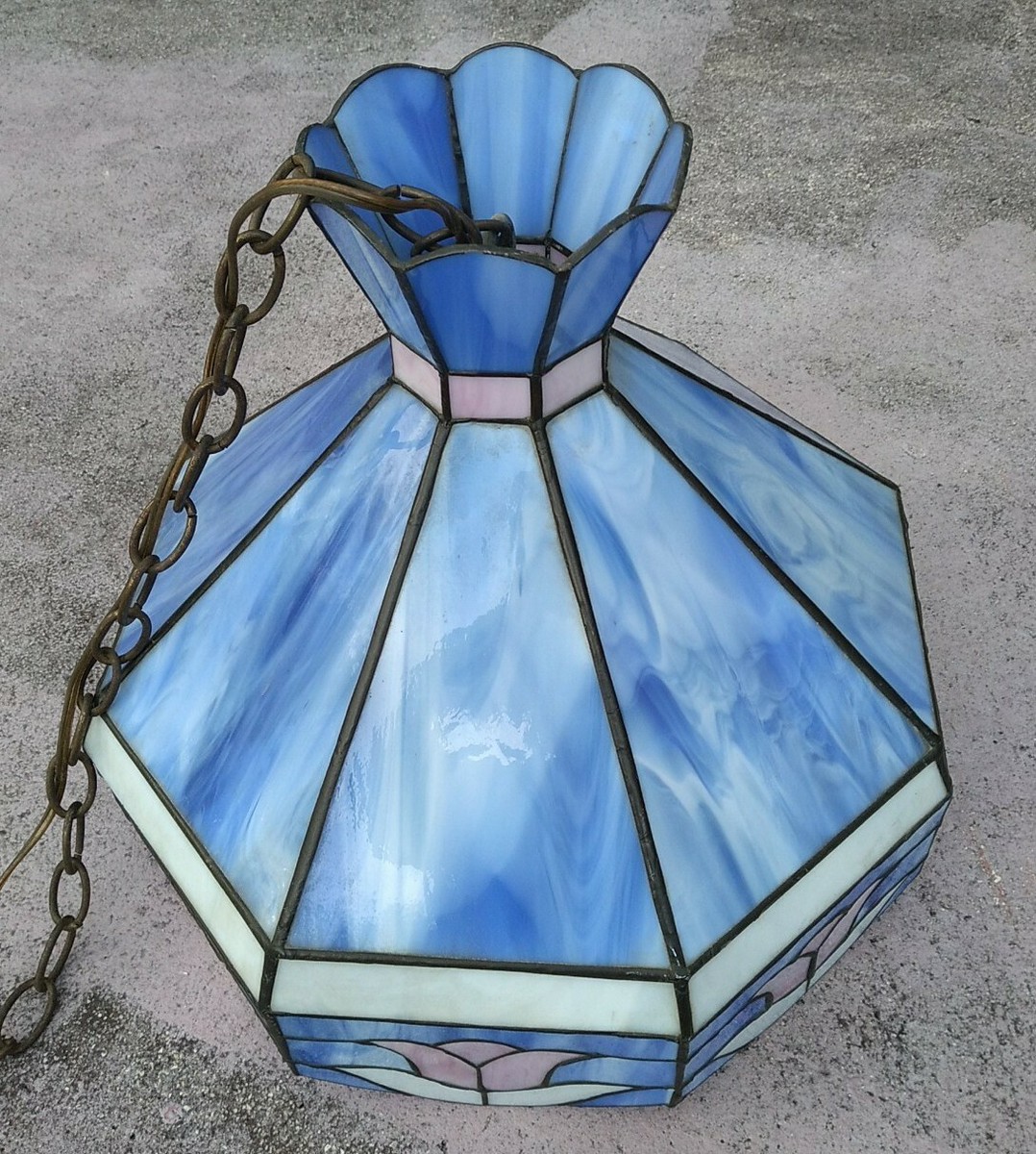 Vintage Tiffany style Blue Stained Glass tulip swag Hanging Light