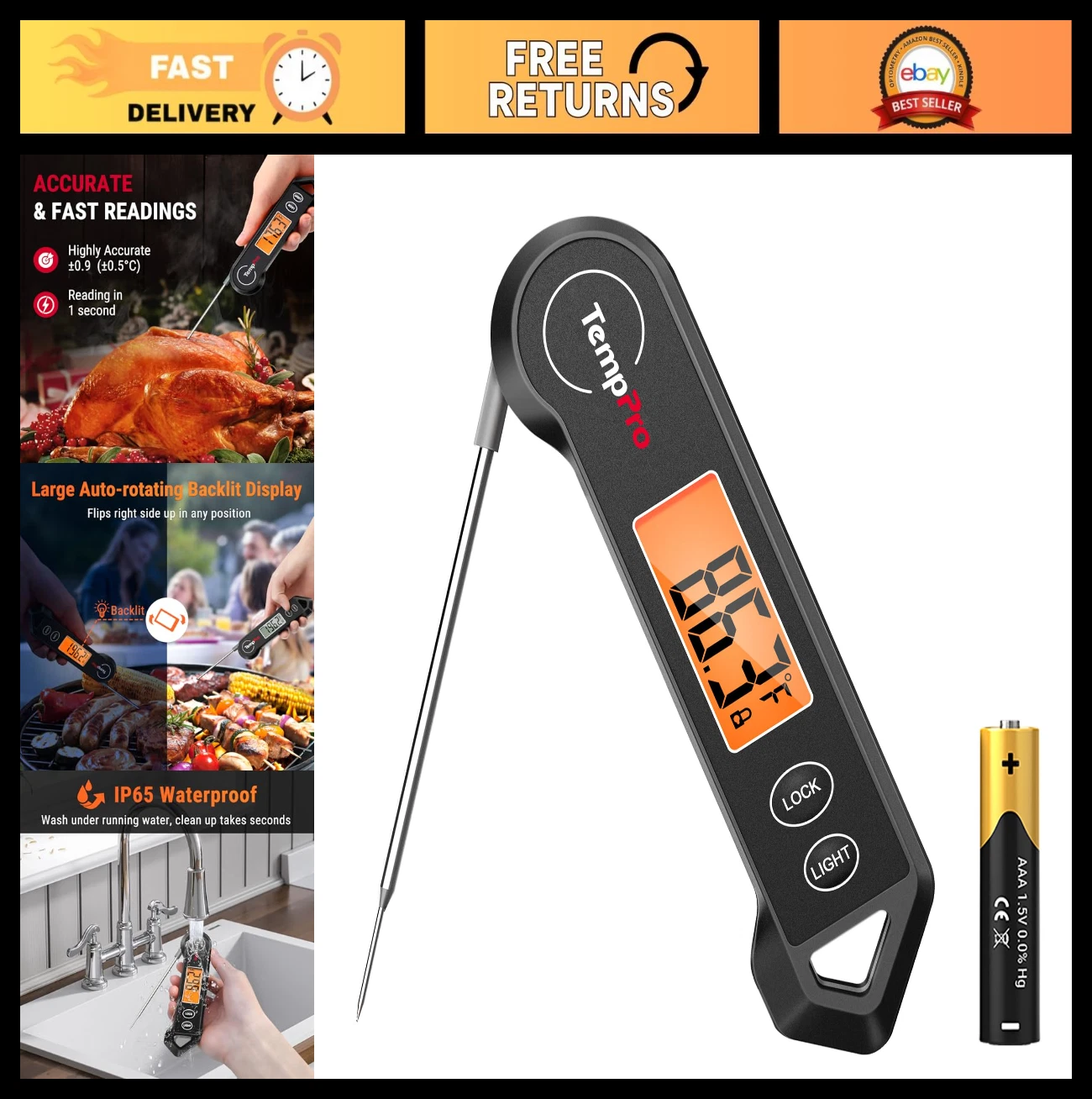 Waterproof Digital Meat Thermometer with Backlit Display & Motion Sensor for BBQ