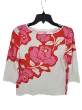 Talbots Top Womens Large Petite Pink Red White Hawaiian Floral 3/4 Artsy