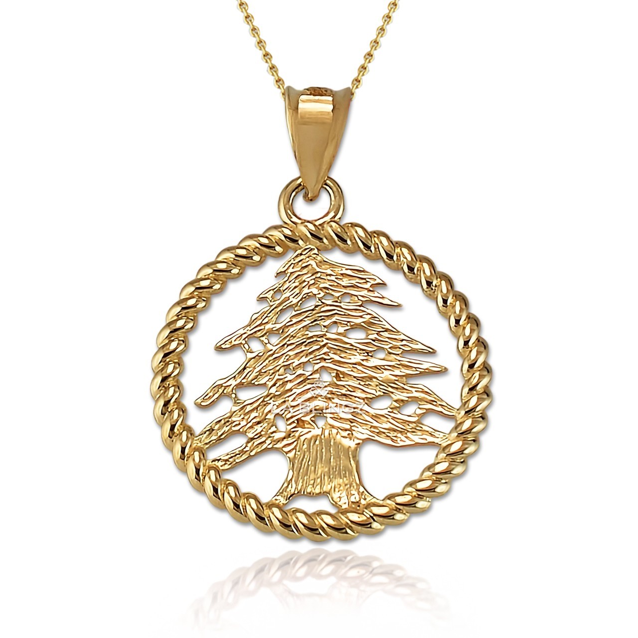 Gold Lebanese Cedar Tree Pendant Necklace Rope Border Unisex Jewelry (10k/14k)