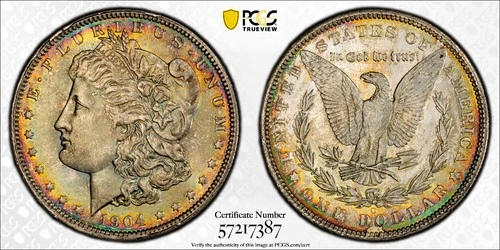 1904-O Morgan Silver Dollar PCGS Gold Shield Trueview MS65 CAC Green