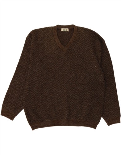 VINTAGE Womens V-Neck Jumper Sweater UK 16 Large Brown Chevron Wool BV07