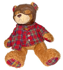 Gund Porto Pilot Teddy Bear Brown Plaid Jacket and Scarf Aviator Hat 14 in. READ