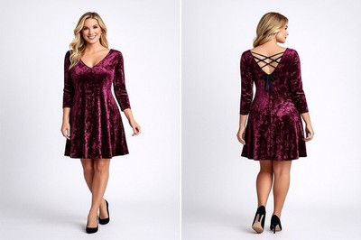 A Byer 90s Y2K Burgundy Crushed Velvet Black Tie Up Back V-neck Dress L Holiday