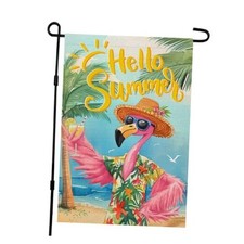 Hello Summer Garden Flag Flamingo Double Sided 12x18 Inches Small Burlap
