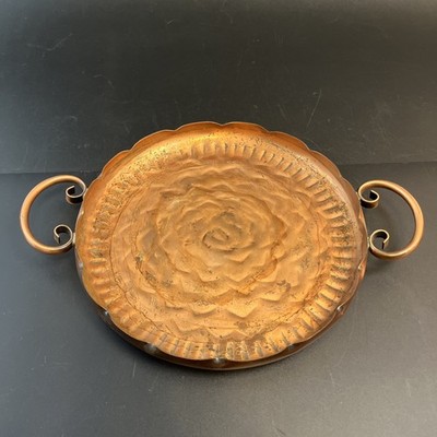 Vtg MCM Hand Hammered Tray Floral Gregorian Copper Platter Handles 10'' Rustic