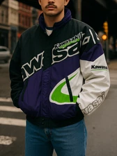 Vtg 90s Team Kawasaki Motocross Racing Jacket Purple Green XL Swingster *Flawed