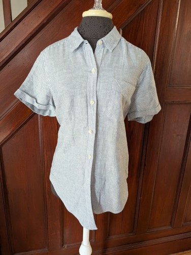 Eddie Bauer Blue/White Striped Linen Blend Short Sleeve Button-Up Shirt Size L
