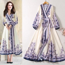 Elegant V-neck Waist Wrapped Slim Long Sleeved Large Swing Printed Floral Dress