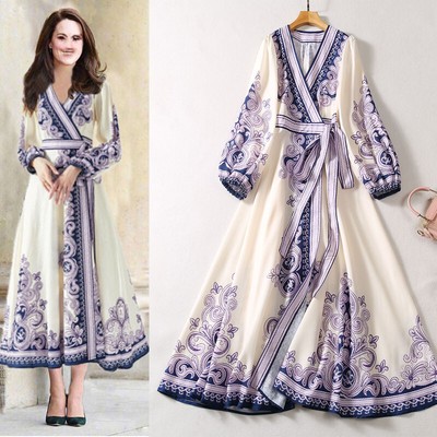Elegant V-neck Waist Wrapped Slim Long Sleeved Large Swing Printed Floral  Dress | eBay