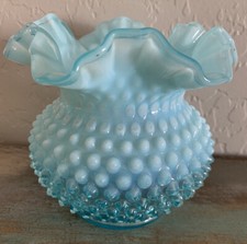 Vintage Fenton Aqua Blue Opalescent Hobnail 5.5" Ruffled Vase