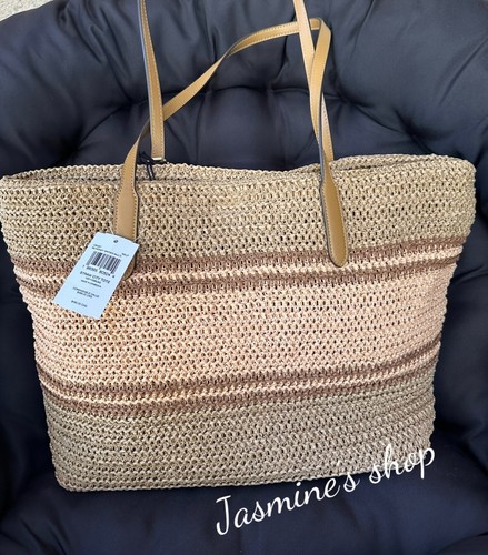 NWT COACH Straw and smooth leather City Tote Bag CBG87 - Picture 6 of 21