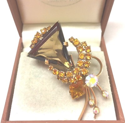 Vintage Schmuck Atemberaubende Halbmond & Topas Dreieckige Strass Brosche Anstecknadel