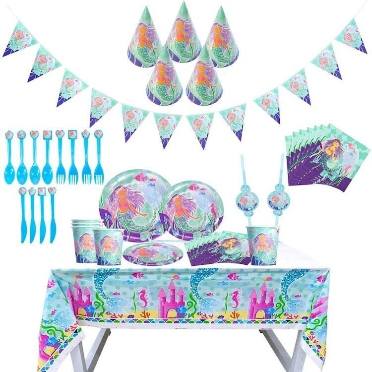 Juego de vajilla bajo el mar suministros de fiesta de cumpleaños de sirena, juego de sirenita Foto 3 de 4