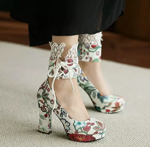Scarpe da sposa donna stampa retrò punta rotonda pizzo tacco spesso tacco super alto - Foto 10 di 17