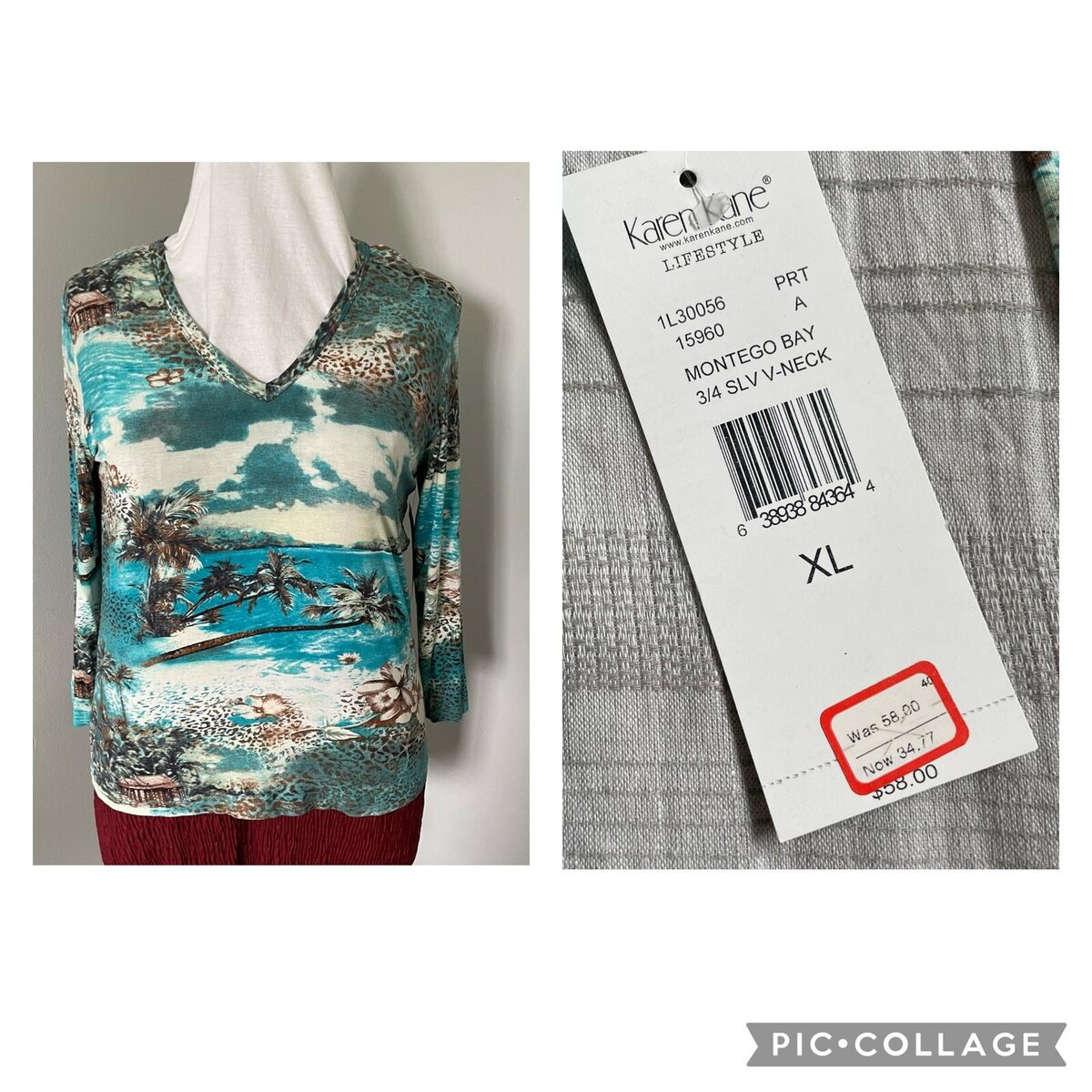 Karen Kane Womens Top V Neck 3/4 Sleeve Tropical Montego Bay Karen Kane Womens Top V Neck 3/4 Sleeve Tropical Montego Bay