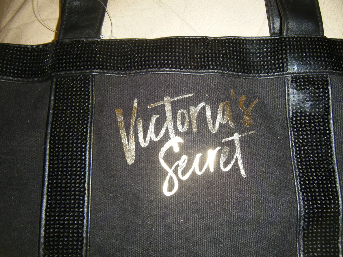 Victorias Secret Black Sequin Tote Bag Zip Top Gold
