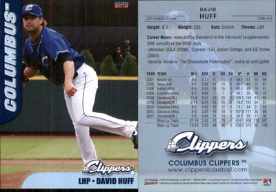 David Huff 2012 Choice Columbus Clippers #16 RC Card FREE SHIP *AutographDen*