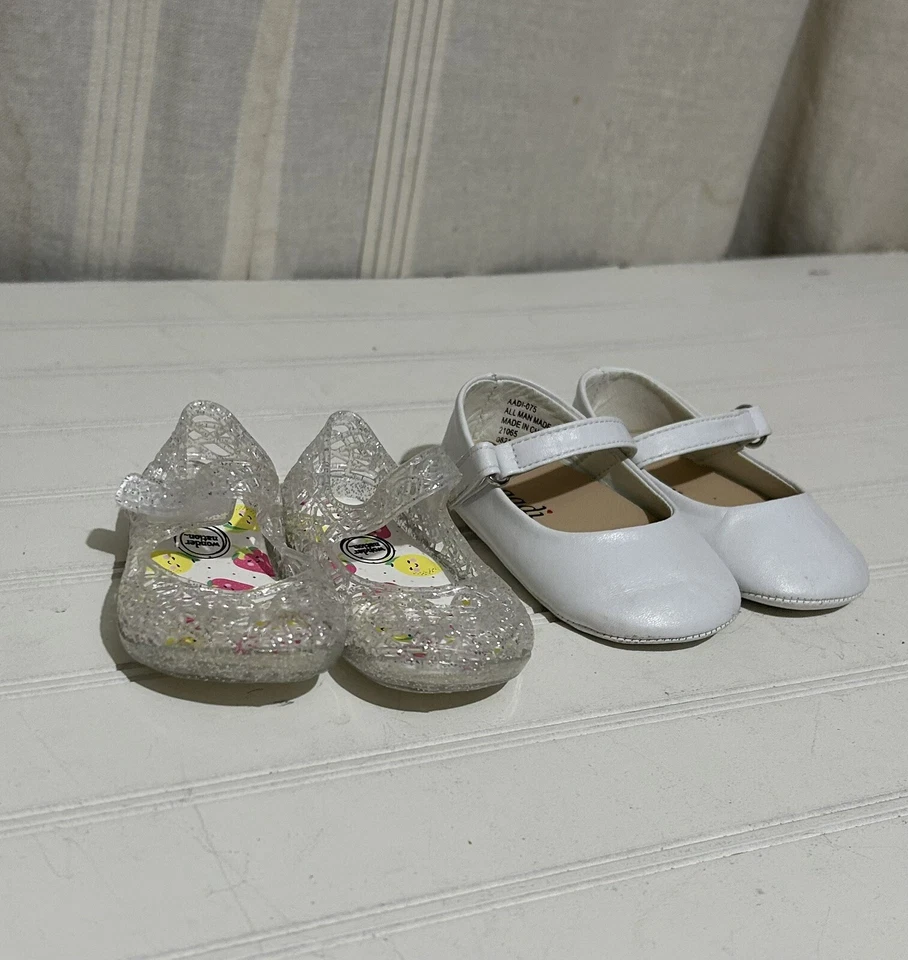 Bebé Niña Zapatos 2 Blanco Transparente Brillo Conjunto Primavera Verano Informal Jugar Linda Chica Foto 3 de 4