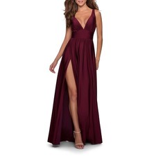 La Femme 28547 Plunge V-Neck Empire Waist Jersey Gown, Dark Berry, 4