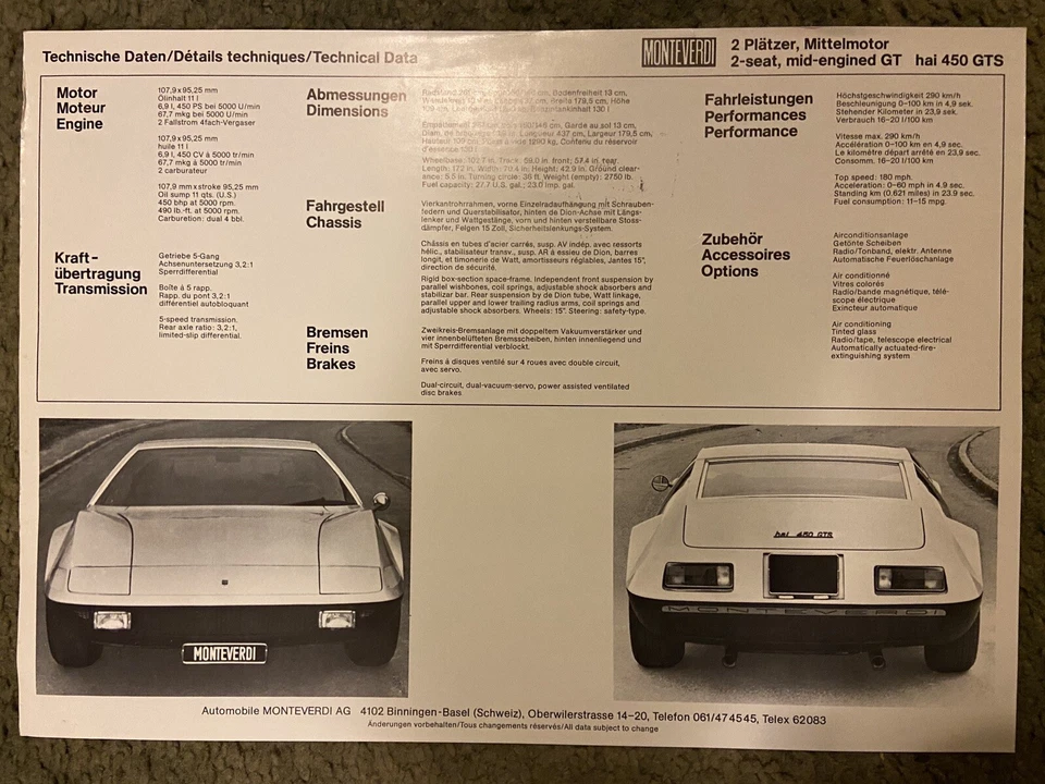 Monteverdi Hai 450 GTS c1970 Sales Brochure Part Manual SS LAMBOURGHINI Ferrari - Image 2 of 2