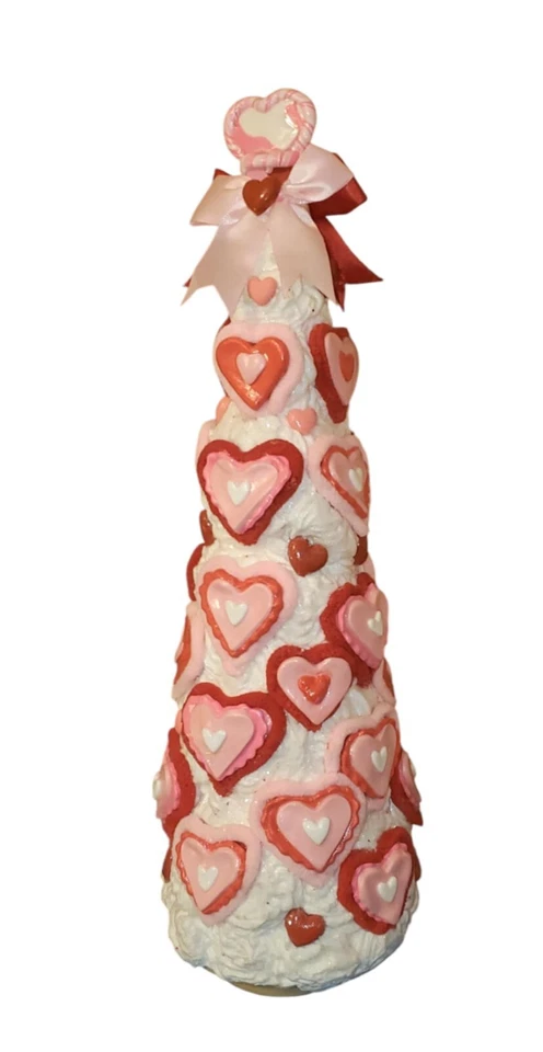 Handmade Clay Shabby White Red Pink Hearts Valentines Day 17" Tree Decor - Image 4 of 4