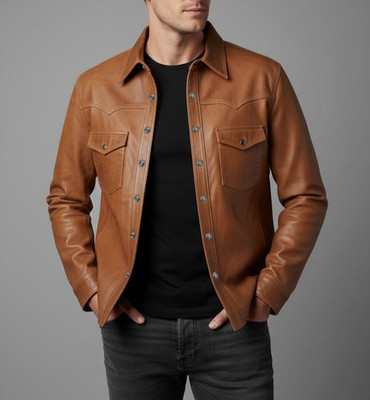 Men's Brown Genuine Leather Shacket Slim Fit Western Trucker Jacket Smart Casual