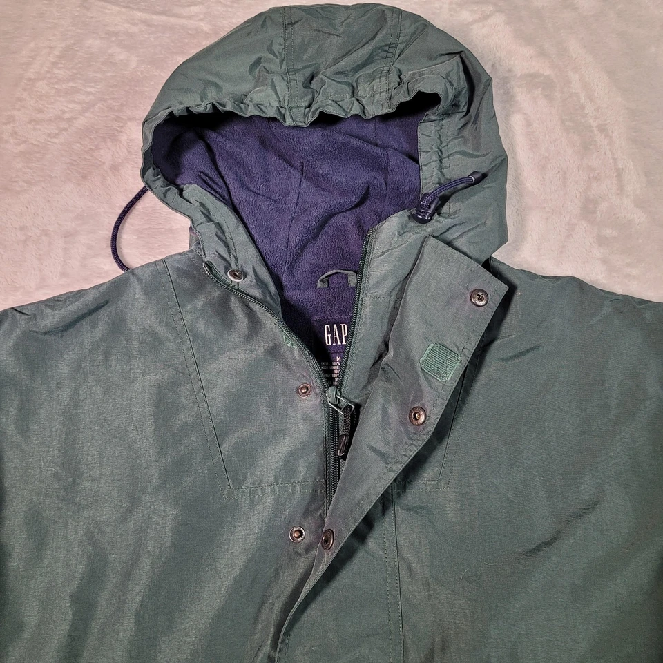 Vintage GAP Jacket Mens Medium Green Anorak Pullover Hooded Fleece Lined 90s - Image 2 of 4