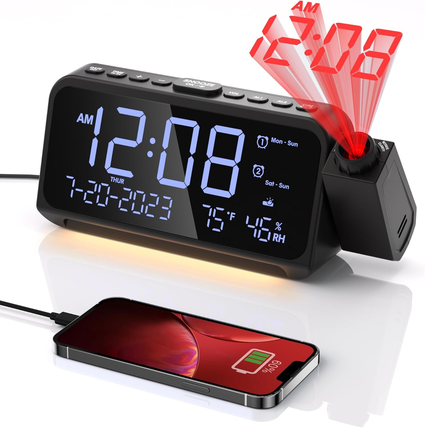 Projection Alarm Clock,Digital Clock with 350° Rotatable Projector,Weekday/Weeke