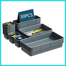 30 PCS Black Interlocking Desk Organizer, Plastic Drawer Organizer Tray, Draw...