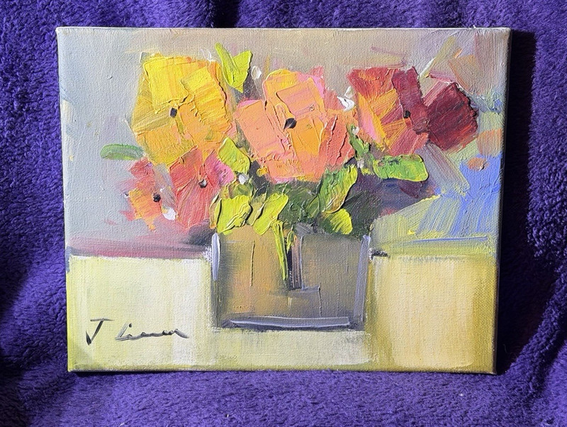 J Liman Signed Unframed Floral Still Life Impressionist Canvas Painting 12x9