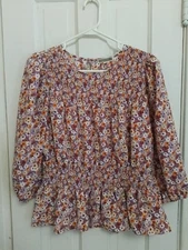 Pleione Womens Blouse Size Large Floral Pullover Top 3/4 Sleeve B9