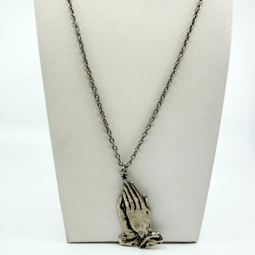 VTG Antique Silver Tone Praying Hands Pendant Necklace Religious Grunge Chain