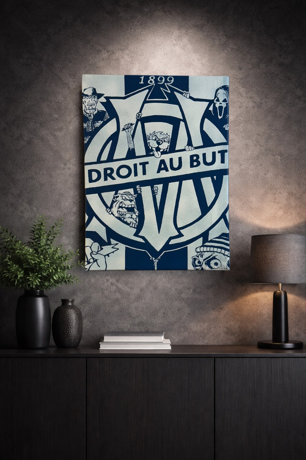 Tableau OM Cartoon Toile Murale 30x40 cm - Déco Foot Marseille Noir et Blanc