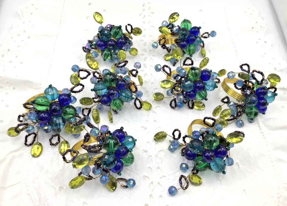 Anillos de servilletas con racimo de 8 cuentas azul verde floral AB tinte vacaciones LEER Foto 3 de 4