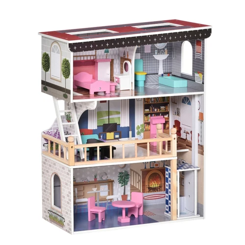 HOMCOM Casa delle Bambole in Legno a 3 Piani con Ascensore e 13 Accessori Rosa - Foto 1 di 10