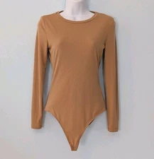 Elodie Long Sleeve Snap Crotch Body Suit Women's Medium Light Brown Stretch Top