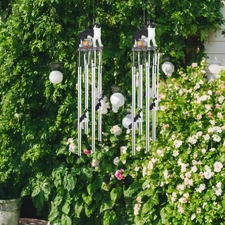 2-PC Gift Set 23" Long Tuxedo Kitty Cat with Fish Bowl Round Top Wind Chime