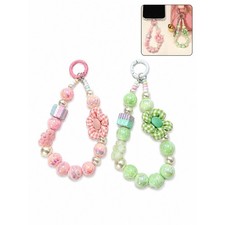 Set of 2 Beaded Phone Charms cute key purse charms Pink Green Gingham Flower