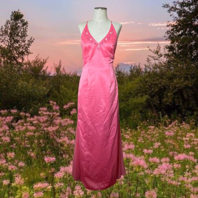 Vintage 90s Coral Pink V-neck Fairy Coquette Floral Maxi Prom Dress Sz 9/10